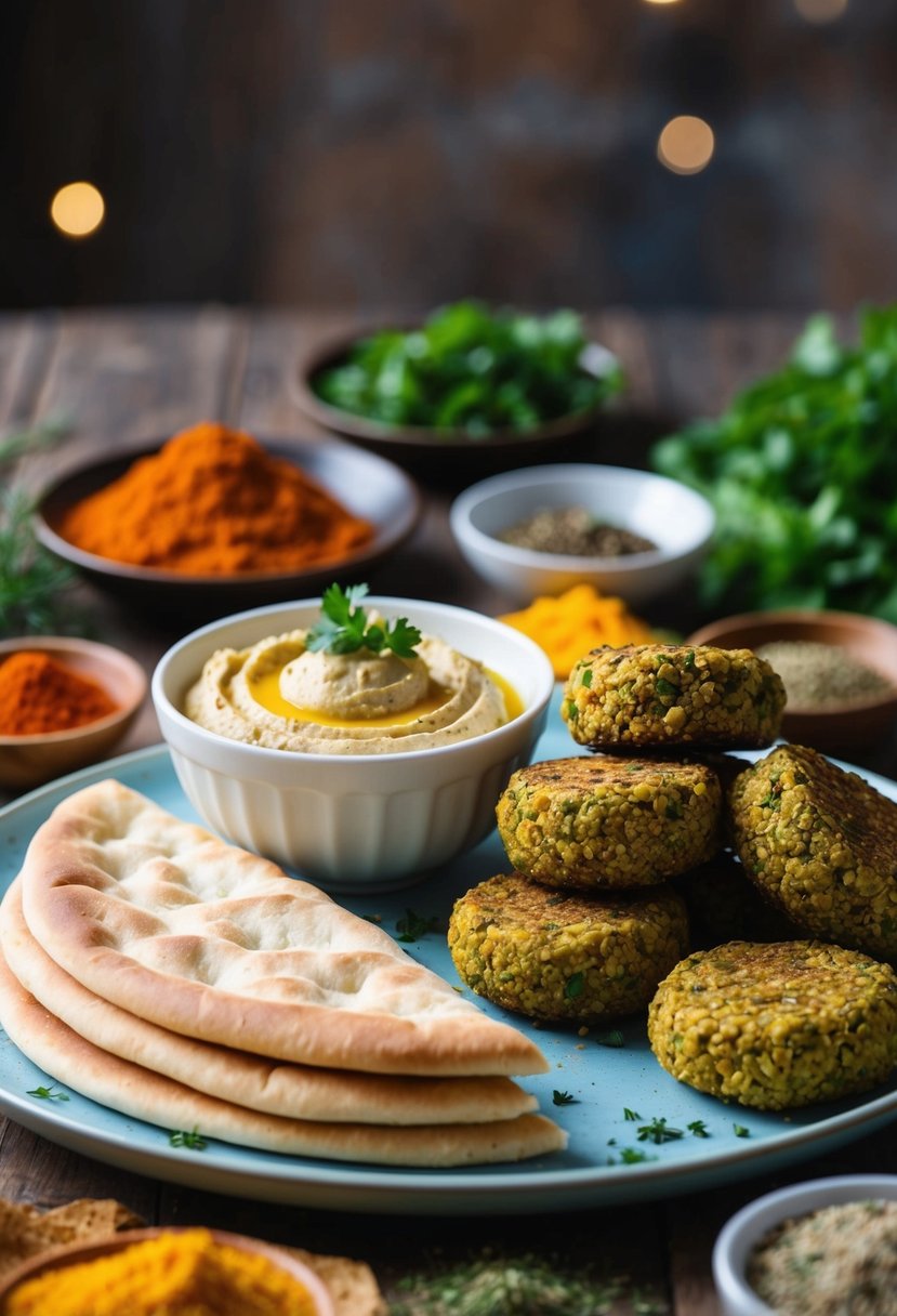 A table set with fresh pita bread, hummus, and falafel, surrounded by colorful spices and herbs