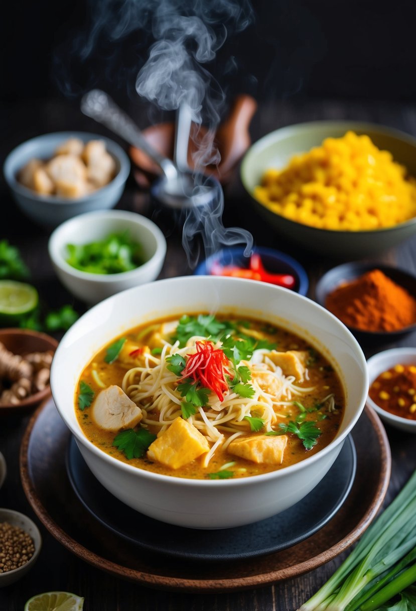 A steaming bowl of Malaysian Laksa surrounded by vibrant spices and fresh ingredients