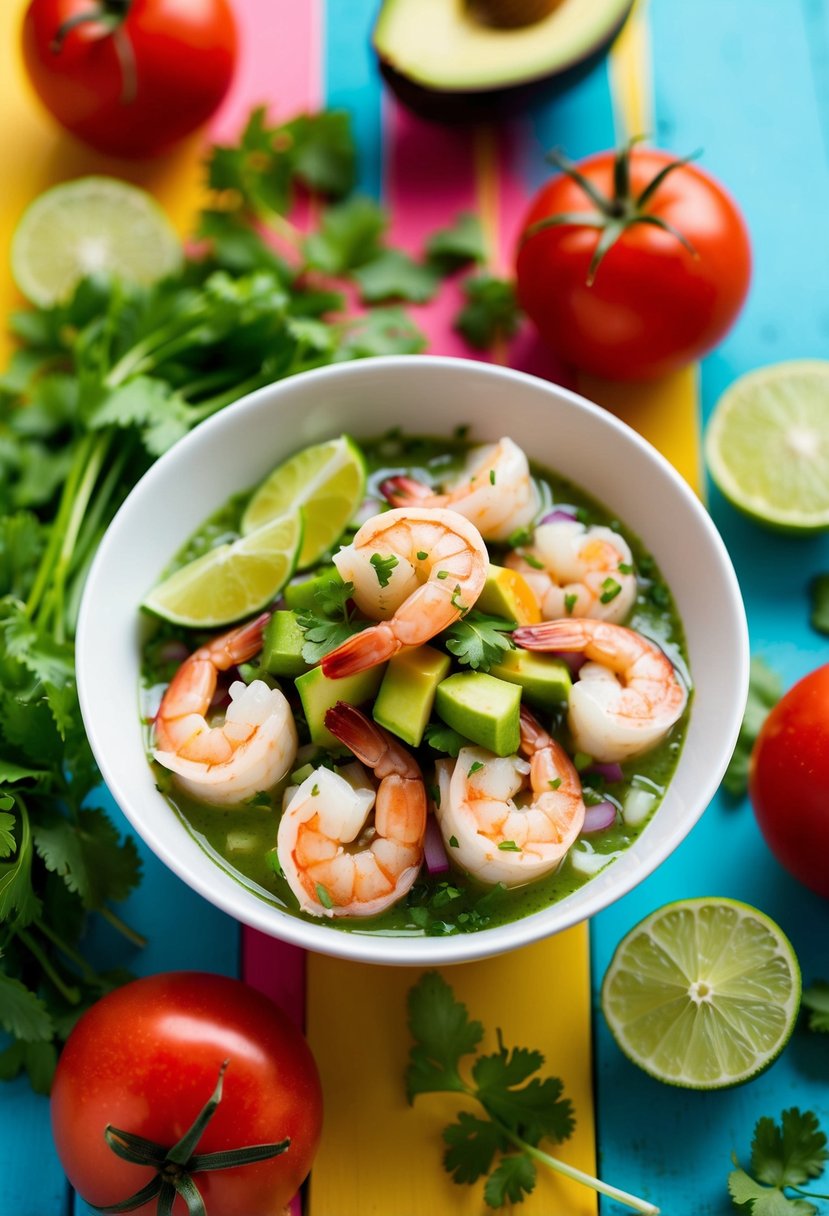 A bowl of avocado shrimp ceviche surrounded by fresh ingredients like tomatoes, cilantro, and lime slices, with a vibrant and colorful background