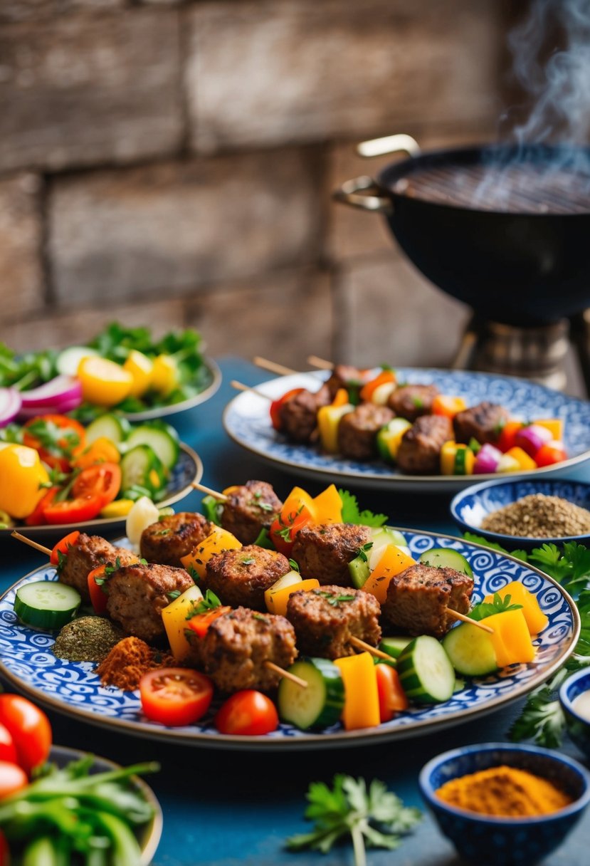 A table set with a colorful array of kofta kebabs, fresh vegetables, and aromatic spices. A smoky grill in the background adds to the ambiance