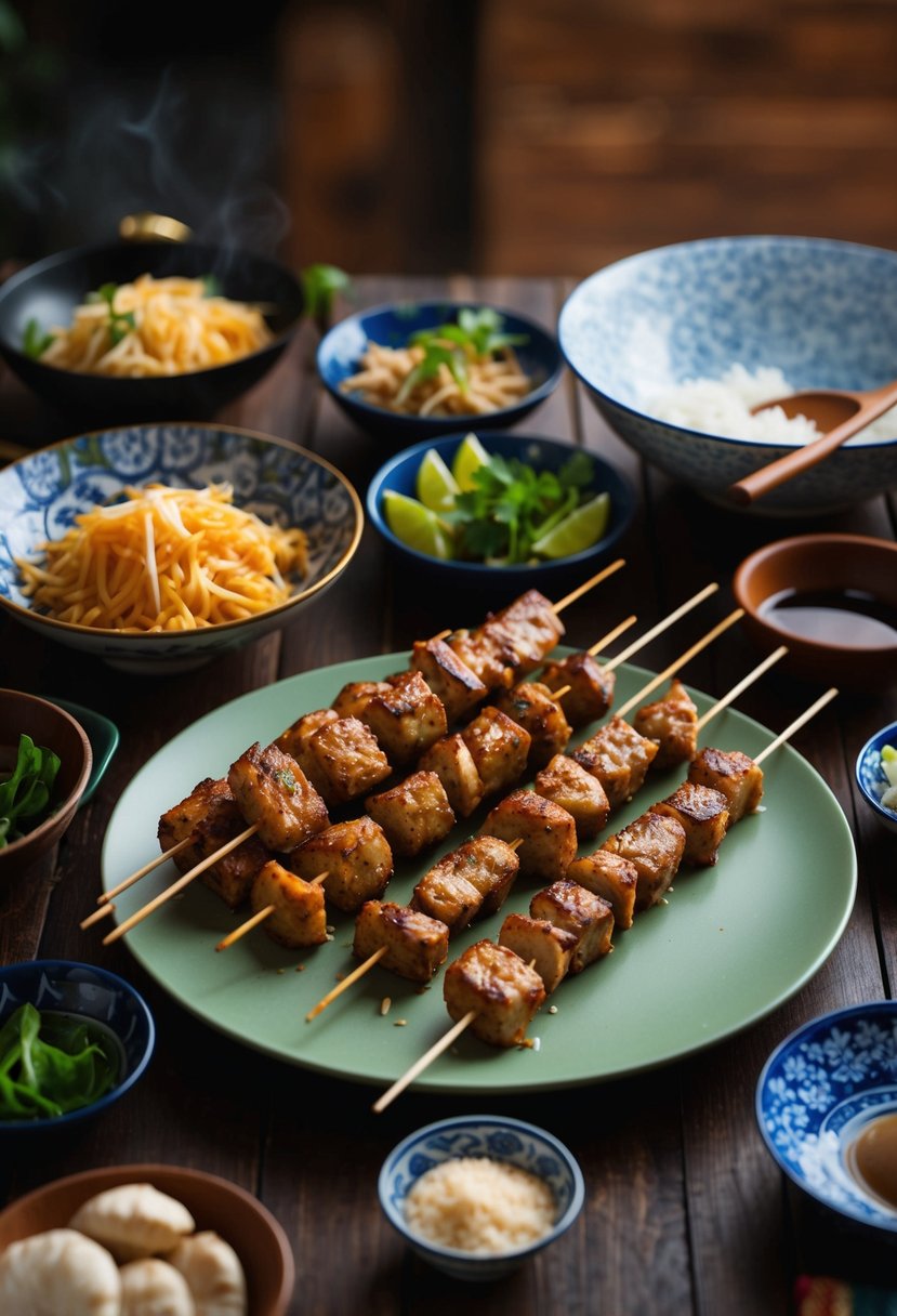 A table set with skewers of Indonesian satay, surrounded by various Asian ingredients and cooking utensils