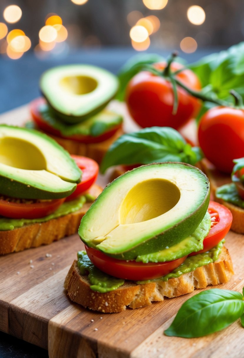 Fresh avocado, ripe tomato, and fragrant basil arranged on crispy bruschetta