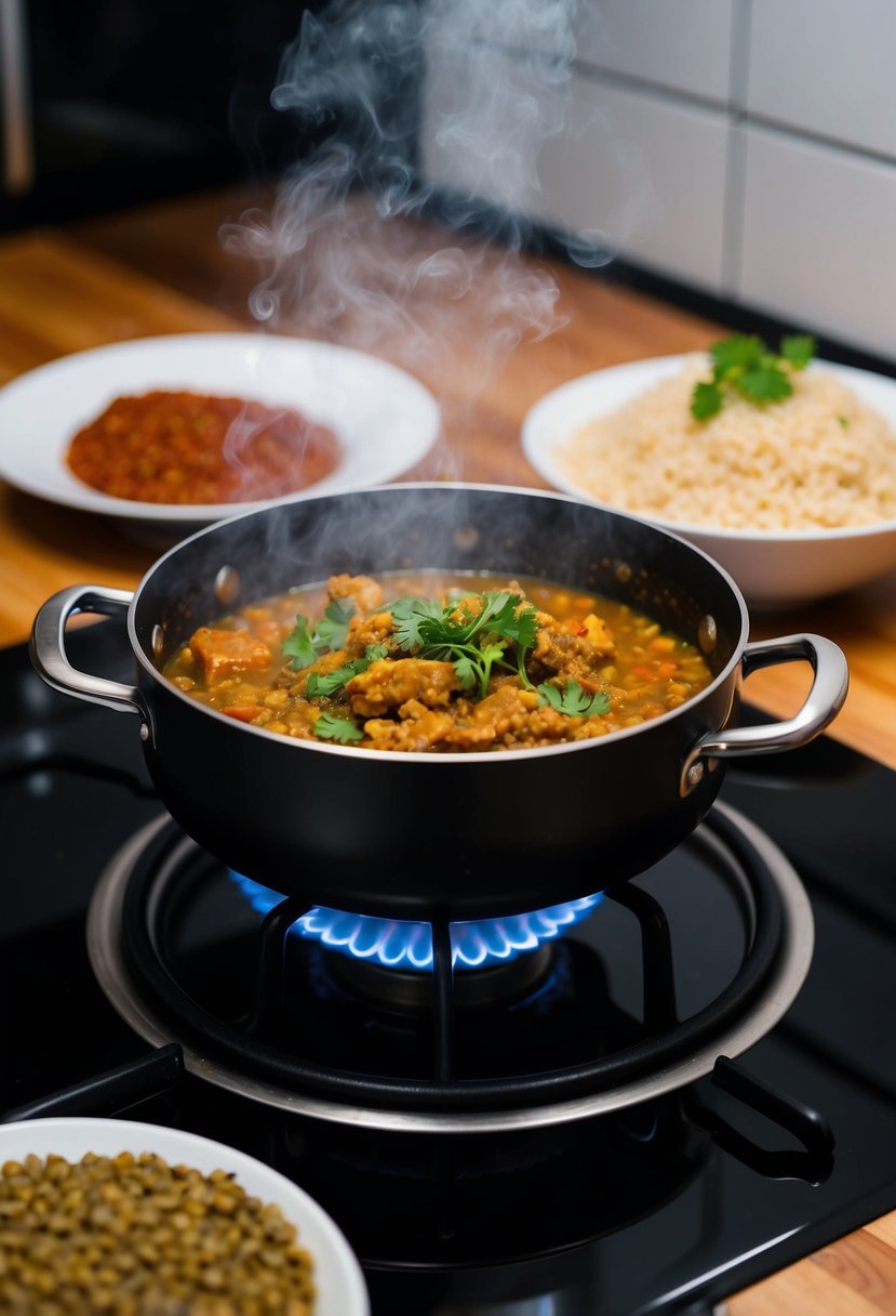 A steaming pot of mujadara simmering on a stovetop, surrounded by aromatic spices and a heap of rice and lentils