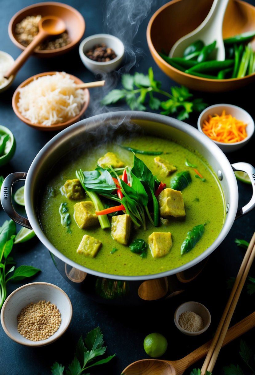 A steaming pot of Thai green curry surrounded by fresh ingredients and traditional cooking utensils