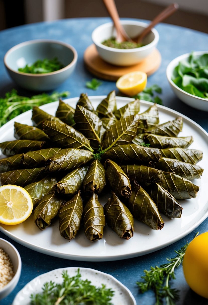 A table set with a platter of neatly arranged stuffed grape leaves, surrounded by vibrant herbs and ingredients