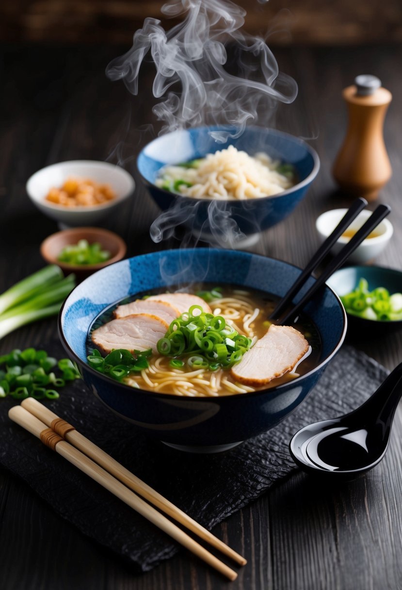 A steaming bowl of Japanese ramen surrounded by chopsticks, a spoon, and various Asian ingredients like sliced pork, green onions, and seaweed