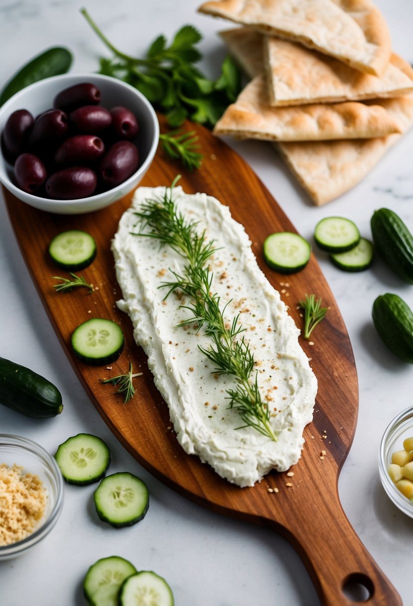 A wooden board with a spread of labneh cheese, surrounded by olives, cucumbers, and pita bread