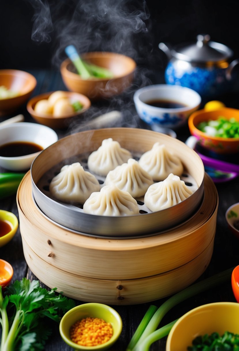 A steaming bamboo steamer filled with plump Chinese dumplings, surrounded by colorful Asian ingredients and cooking utensils