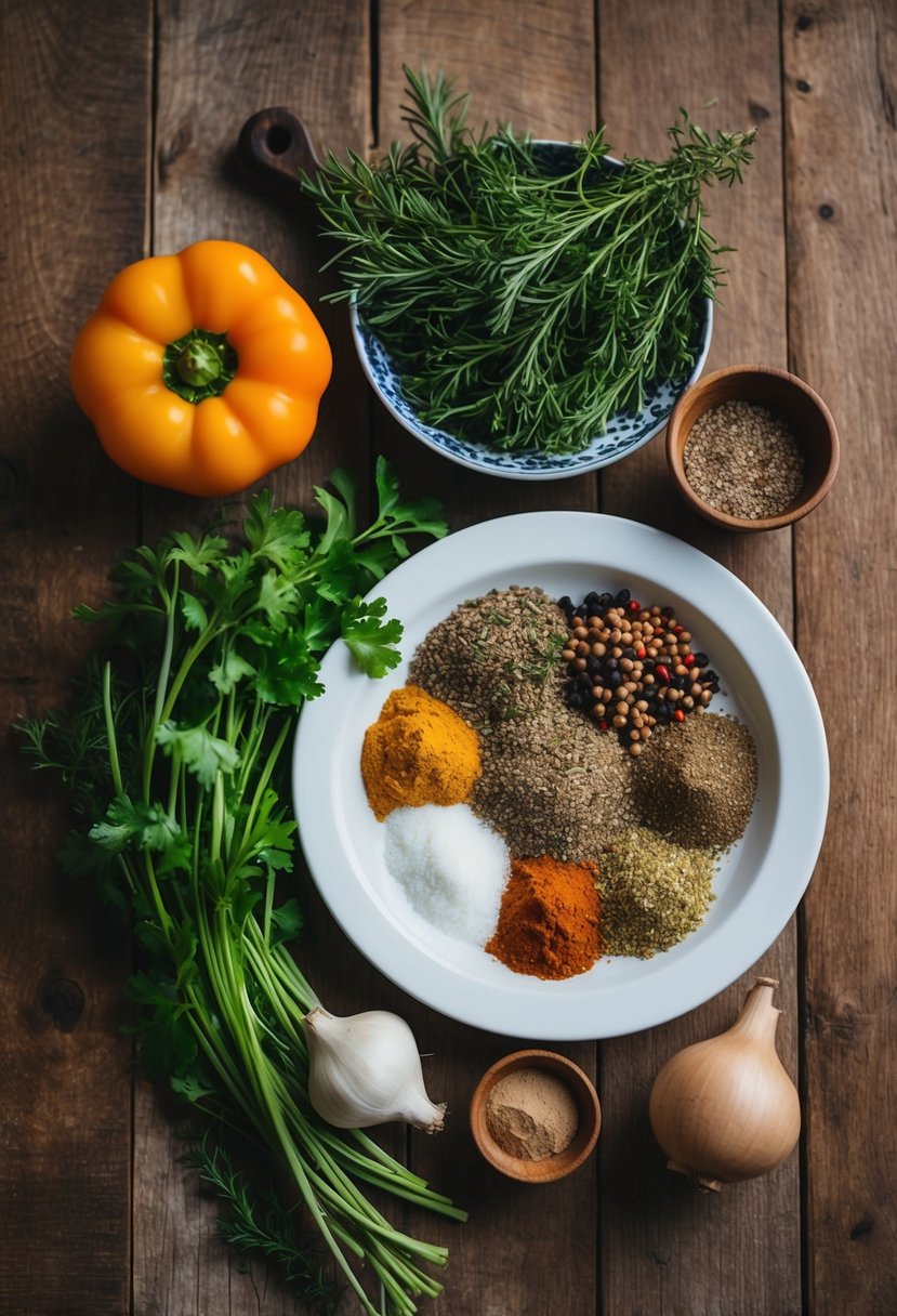 A rustic wooden table adorned with fresh herbs, spices, and a platter of raw kibbeh neyeh ingredients