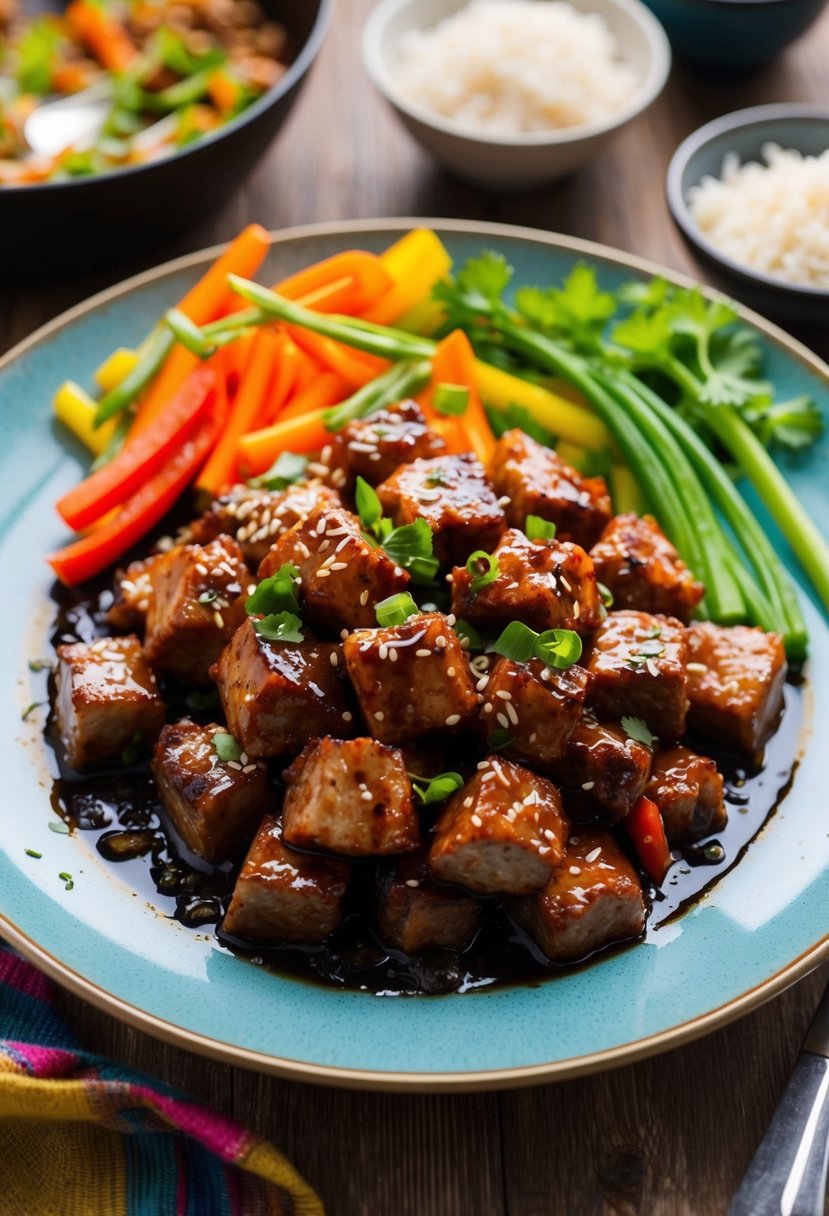 A sizzling hot plate of Korean Bulgogi, surrounded by colorful vegetables and steaming rice