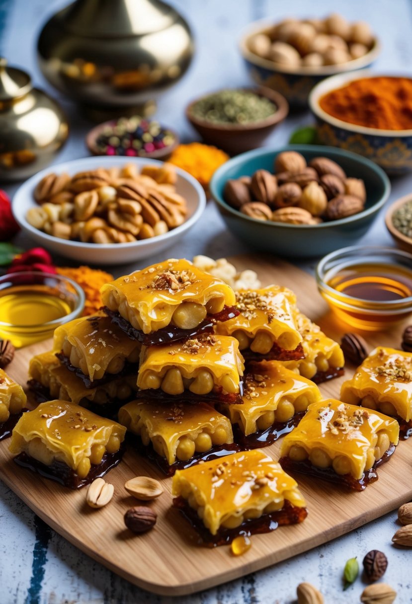 A table set with a variety of baklava pastries, honey, and nuts, surrounded by colorful Arabic spices and ingredients