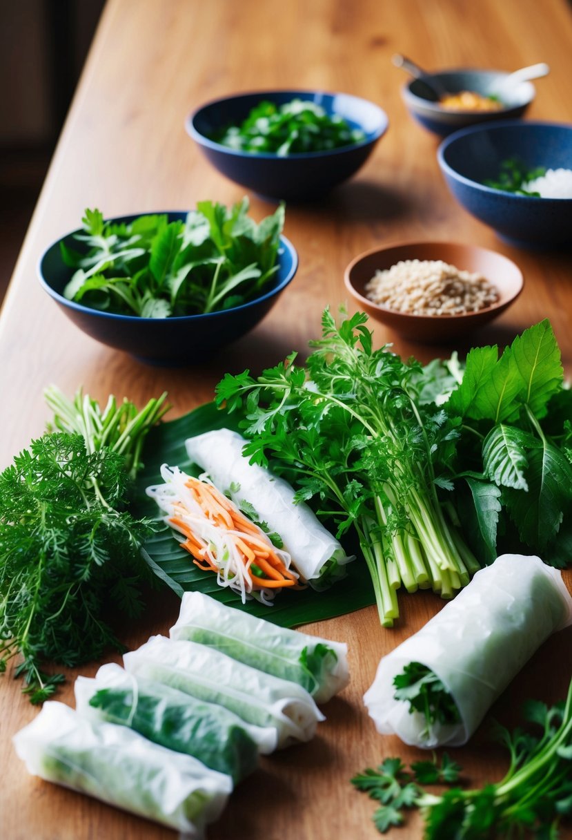 A table set with fresh herbs, rice paper, and various fillings for Vietnamese spring rolls