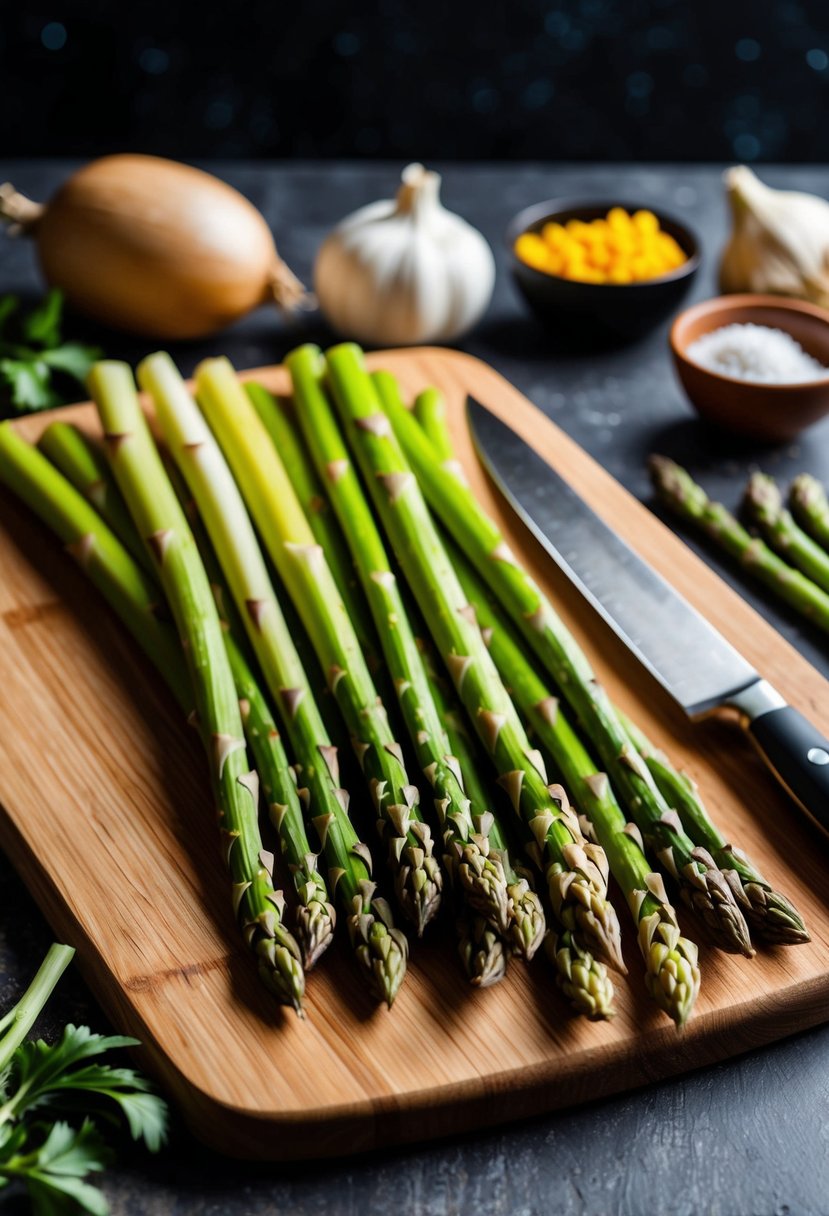 Fresh asparagus spears arranged on a wooden cutting board with a knife and various ingredients in the background