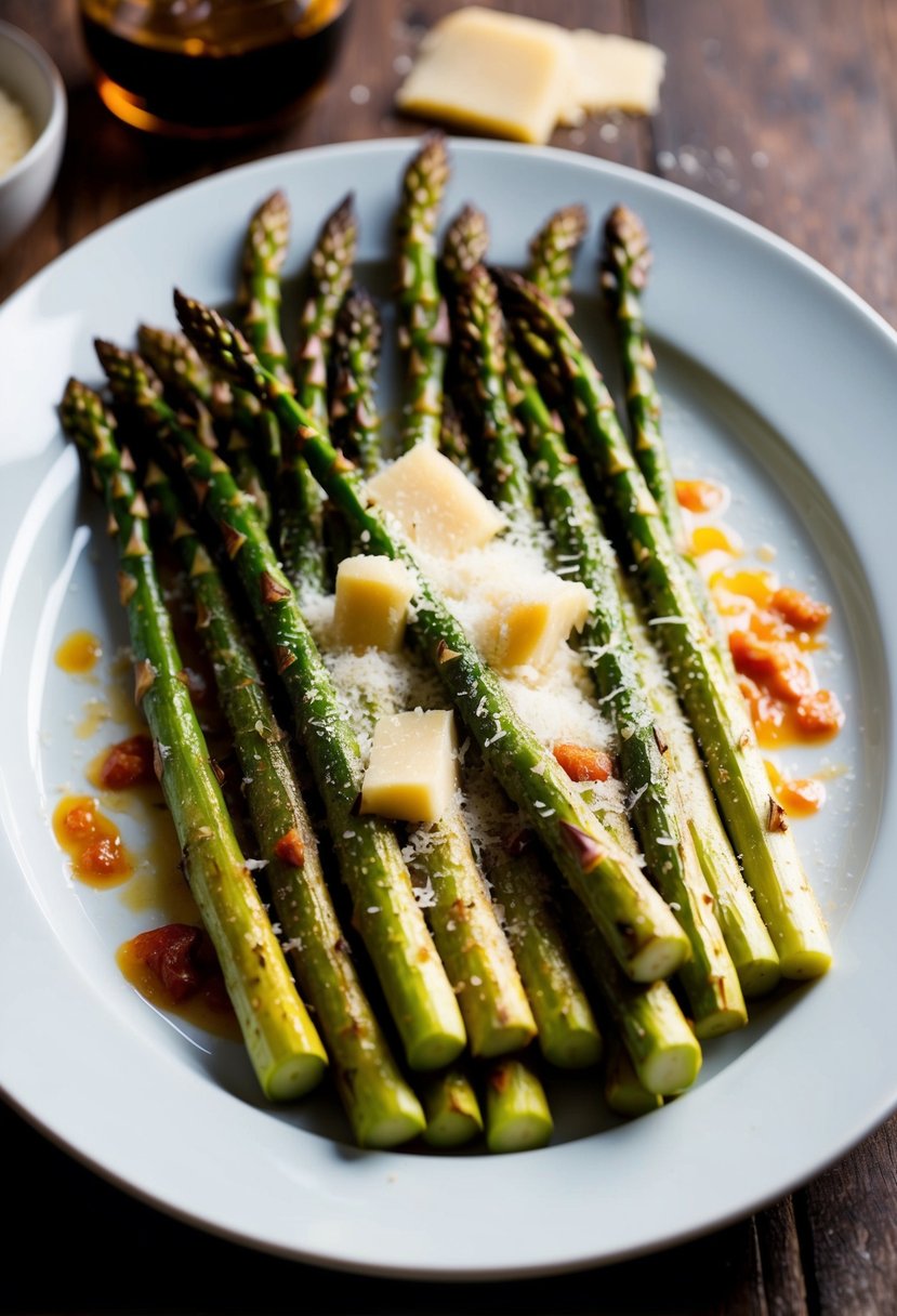 A platter of roasted asparagus topped with Parmesan cheese