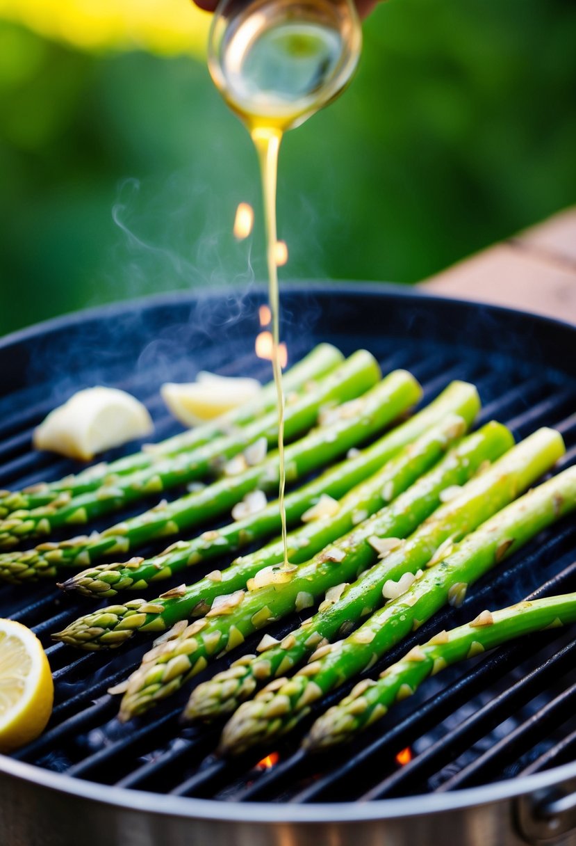 Fresh asparagus spears sizzling on a grill, drizzled with garlic and lemon juice