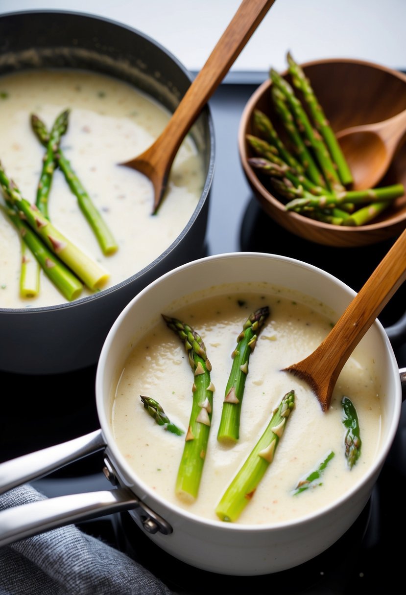 A pot of creamy asparagus soup simmering on a stovetop, surrounded by fresh asparagus spears, a wooden spoon, and a bowl