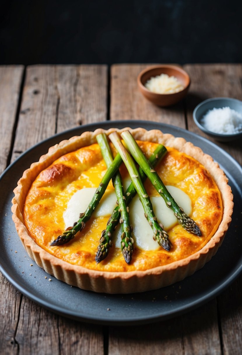 A golden-brown tart sits on a rustic wooden table, adorned with roasted asparagus spears and melted cheese