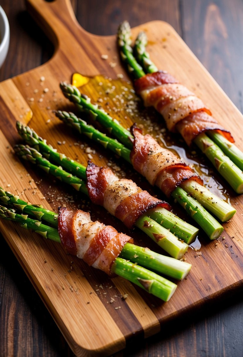 Fresh asparagus spears wrapped in crispy bacon on a wooden cutting board. A sprinkle of seasoning and a drizzle of olive oil complete the dish