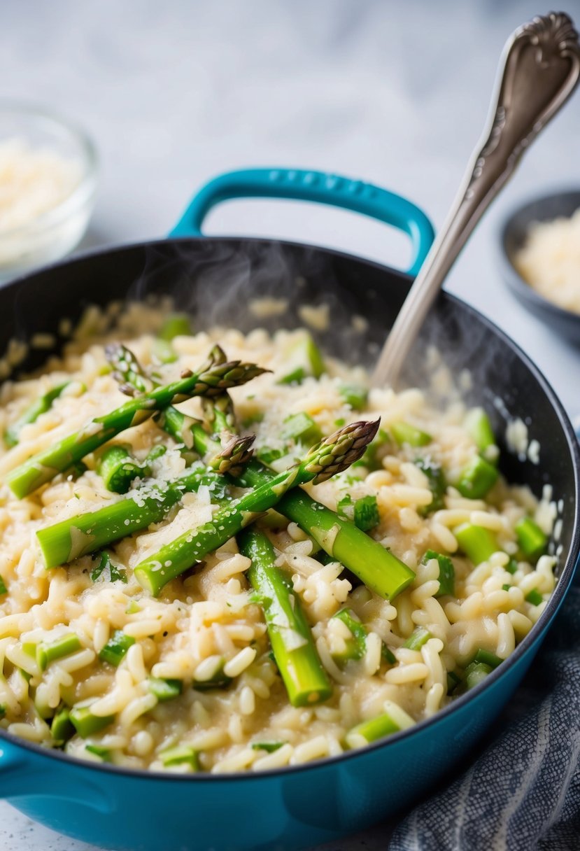 A steaming pot of creamy asparagus risotto, garnished with freshly chopped asparagus spears and a sprinkle of parmesan cheese