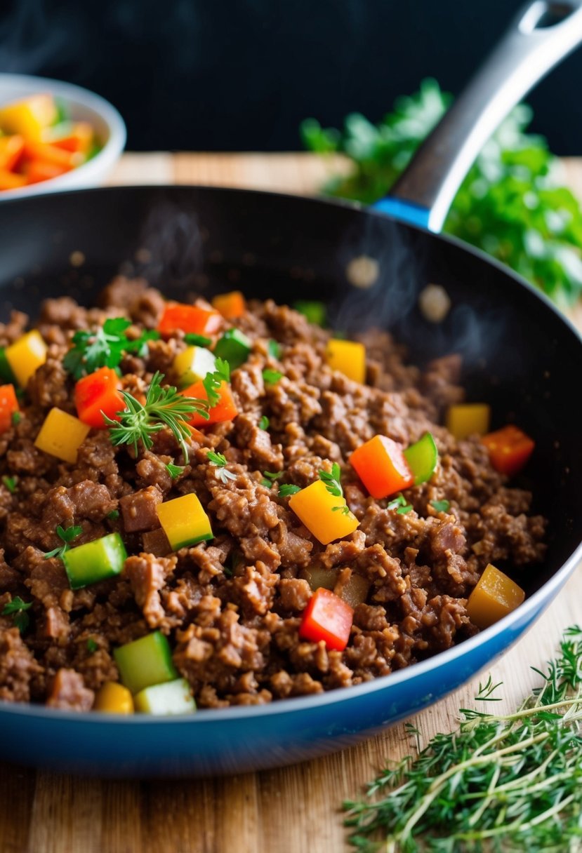 A sizzling skillet of ground beef with colorful diced vegetables and aromatic herbs