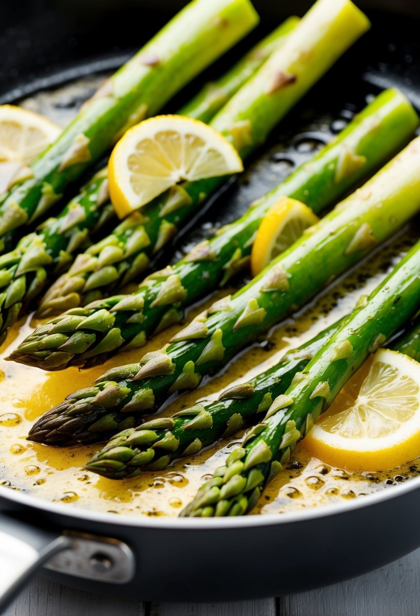 Fresh asparagus spears sizzling in a pan of bubbling lemon butter, emitting a mouthwatering aroma