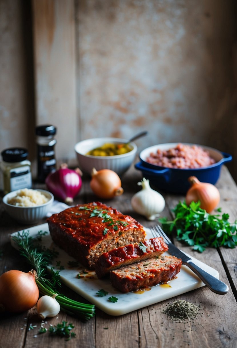 A rustic kitchen table with a freshly baked meatloaf, surrounded by ingredients like ground beef, onions, and herbs