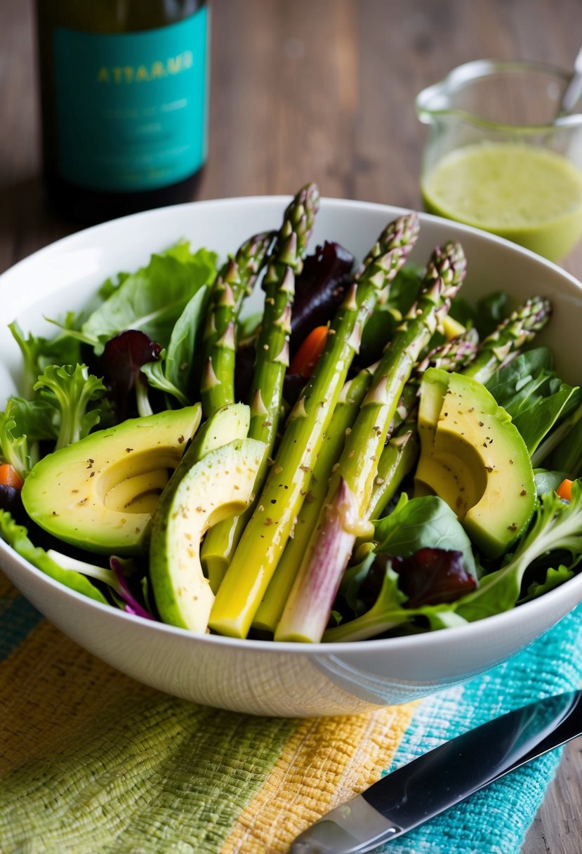 A vibrant salad bowl filled with fresh asparagus spears, creamy avocado slices, and colorful mixed greens, drizzled with a tangy vinaigrette