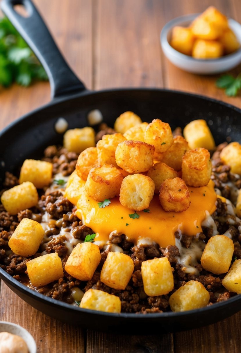 A sizzling skillet of ground beef, melted cheese, and savory seasonings, topped with a golden-brown layer of crispy tater tots