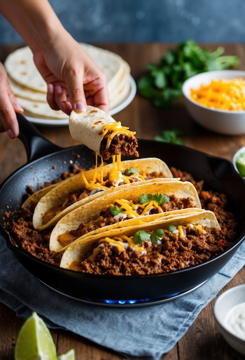 A sizzling skillet of taco enchiladas being assembled with seasoned ground beef, cheese, and tortillas