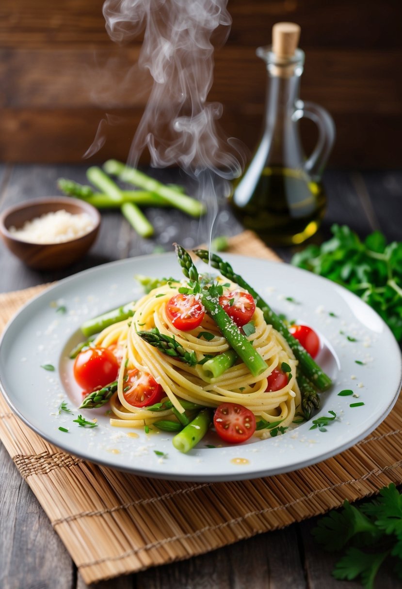 A steaming plate of Pasta Primavera with asparagus, cherry tomatoes, and fresh herbs, drizzled with olive oil and sprinkled with Parmesan cheese