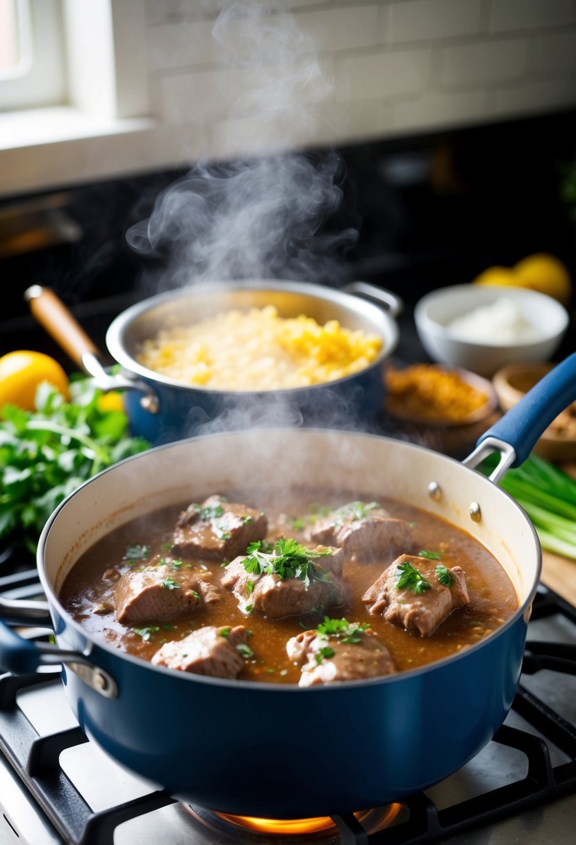 A steaming pot of beef stroganoff simmering on a stove, surrounded by fresh ingredients and cooking utensils