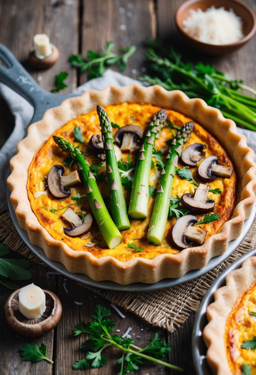 A golden-brown quiche sits on a rustic wooden table, filled with vibrant green asparagus spears and earthy mushrooms, surrounded by fresh herbs and a sprinkle of cheese