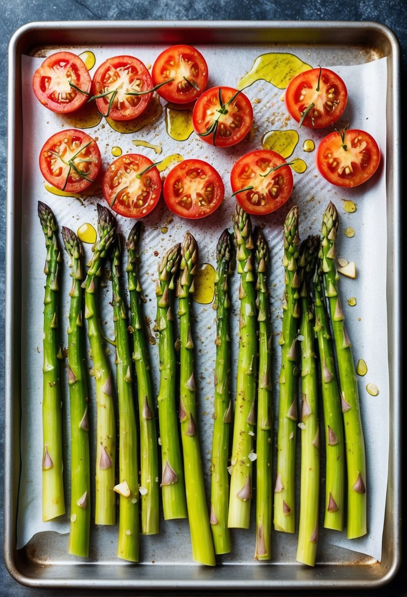 Fresh asparagus and tomatoes arranged on a baking sheet, drizzled with olive oil and sprinkled with garlic, ready to be roasted