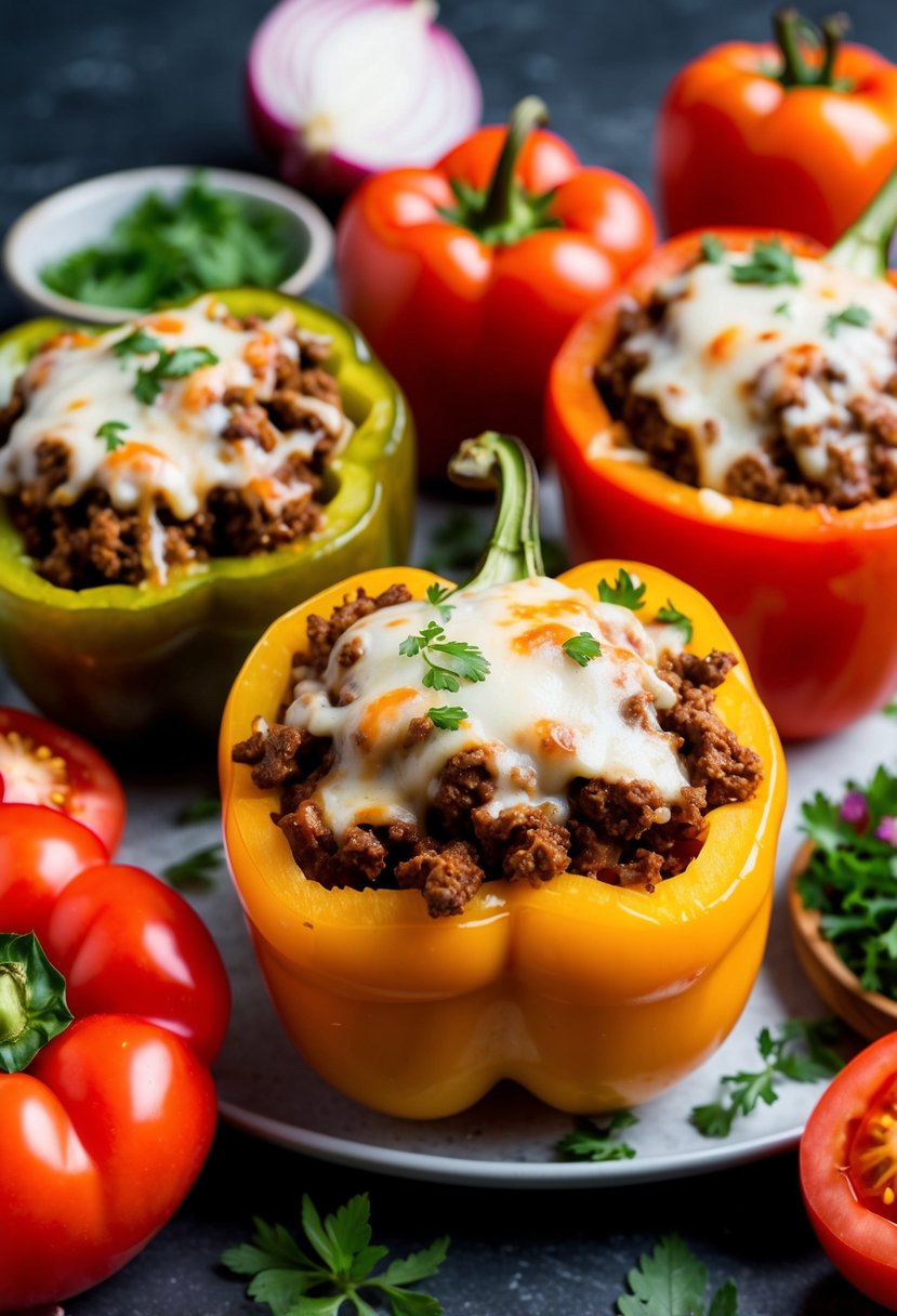 Bell peppers stuffed with seasoned ground beef and topped with melted cheese. Surrounding the peppers are vibrant ingredients like tomatoes, onions, and herbs