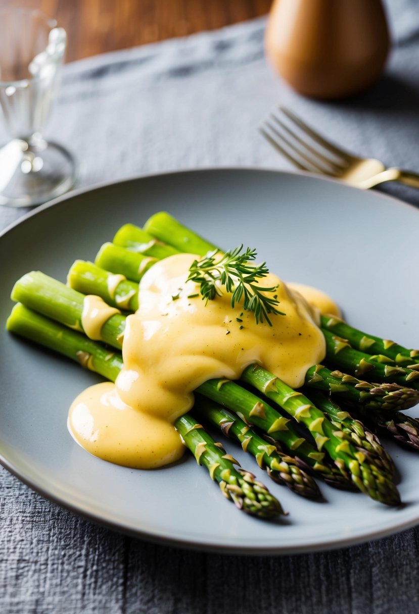 A plate of steamed asparagus topped with rich, creamy Hollandaise sauce