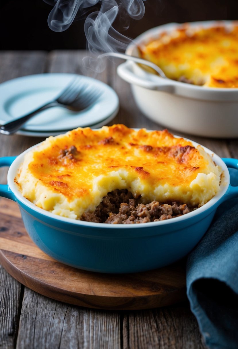 A bubbling casserole dish of shepherd's pie, with a golden mashed potato crust on top and steam rising from the savory ground beef filling