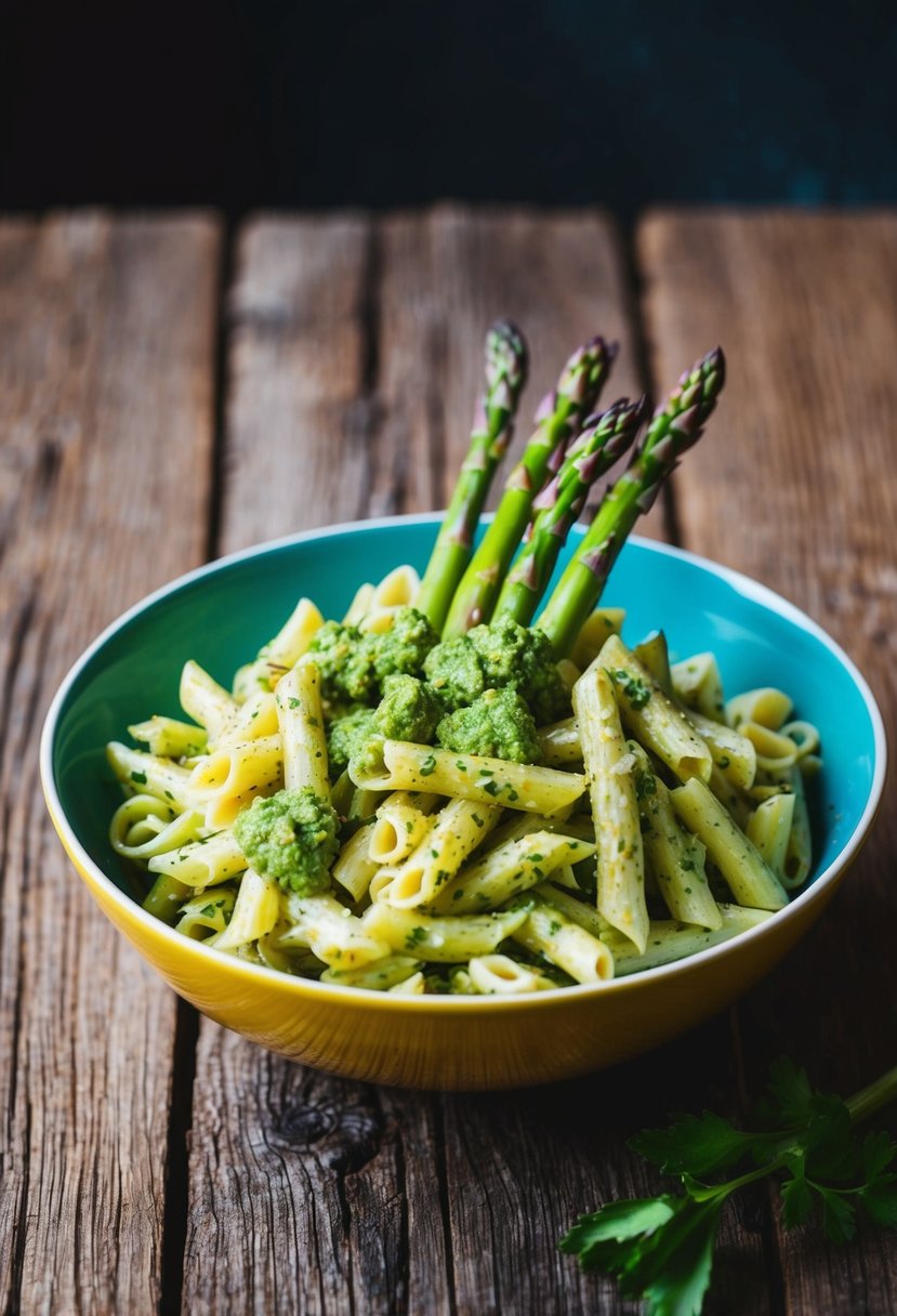 A colorful bowl of asparagus-pesto pasta salad sits on a rustic wooden table, garnished with fresh asparagus spears and drizzled with vibrant green pesto sauce