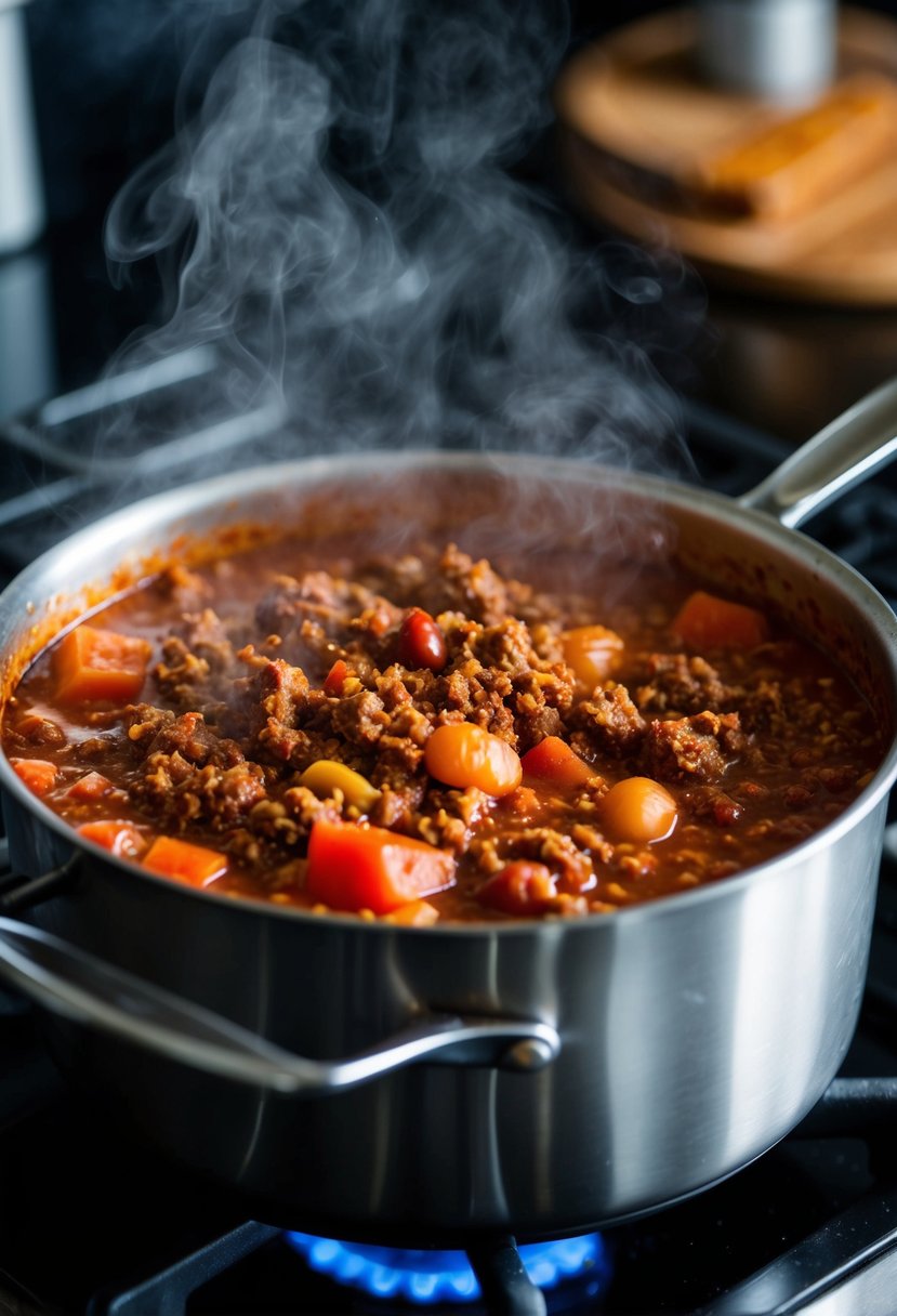 A bubbling pot of chili con carne simmers on a stovetop, with chunks of ground beef, tomatoes, beans, and spices. Steam rises from the rich, fragrant mixture