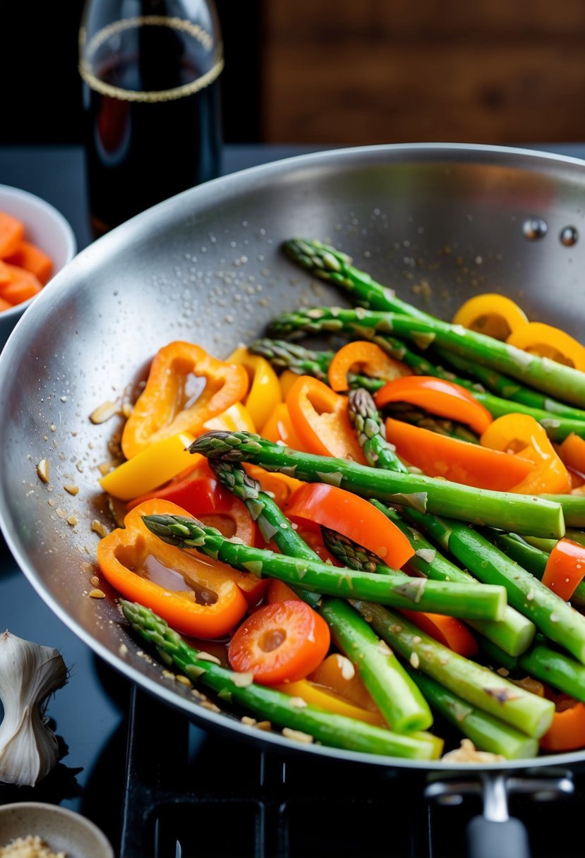 Fresh asparagus, sliced bell peppers, and sliced carrots sizzling in a wok with garlic and ginger. A splash of soy sauce adds depth to the vibrant colors