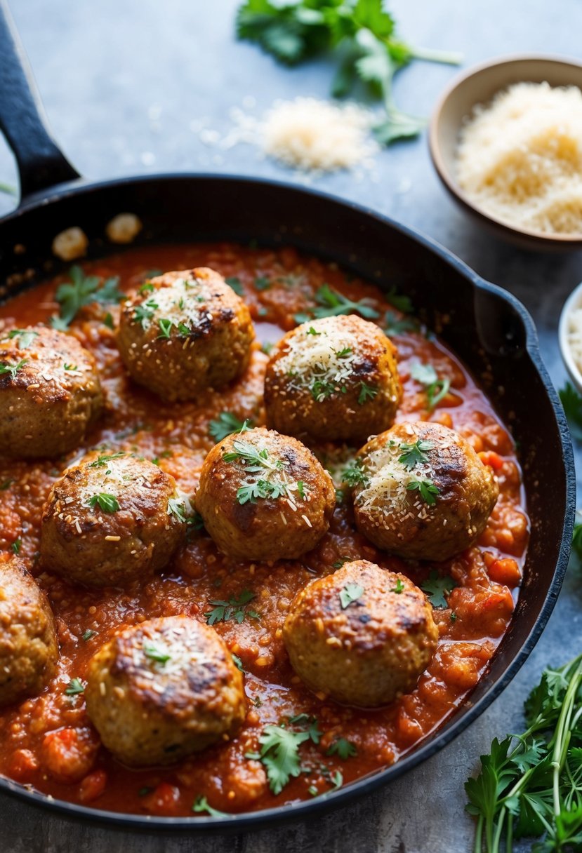 A sizzling skillet of Italian meatballs, simmering in a rich tomato sauce, surrounded by fresh herbs and grated Parmesan cheese