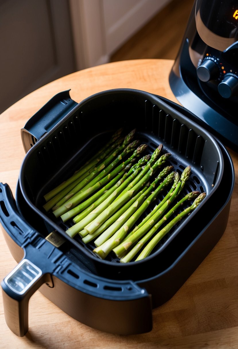 Fresh asparagus spears arranged in a single layer in an air fryer basket, ready to be cooked