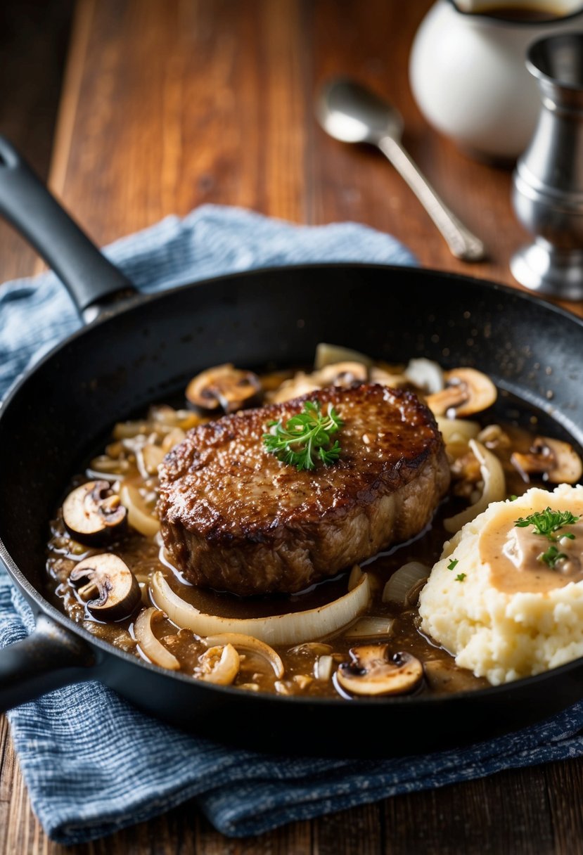 A sizzling Salisbury steak on a hot skillet, surrounded by onions and mushrooms, with a side of mashed potatoes and gravy