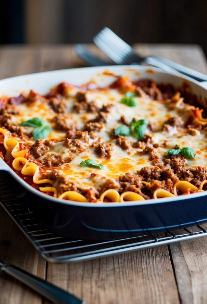 A bubbling pan of beef lasagna, layers of pasta, cheese, and savory ground beef, fresh out of the oven