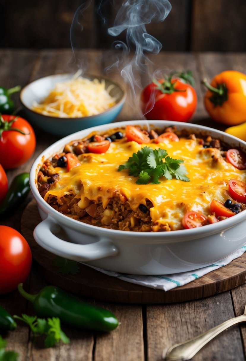 A steaming Mexican casserole sits on a rustic wooden table, surrounded by colorful ingredients like tomatoes, peppers, and cheese