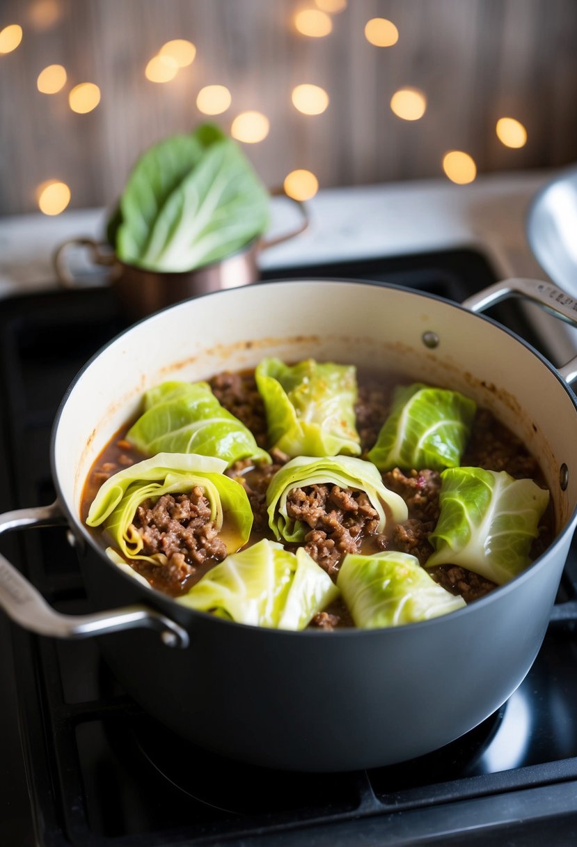 A pot of cabbage rolls simmering on a stove, filled with seasoned ground beef and wrapped in tender cabbage leaves