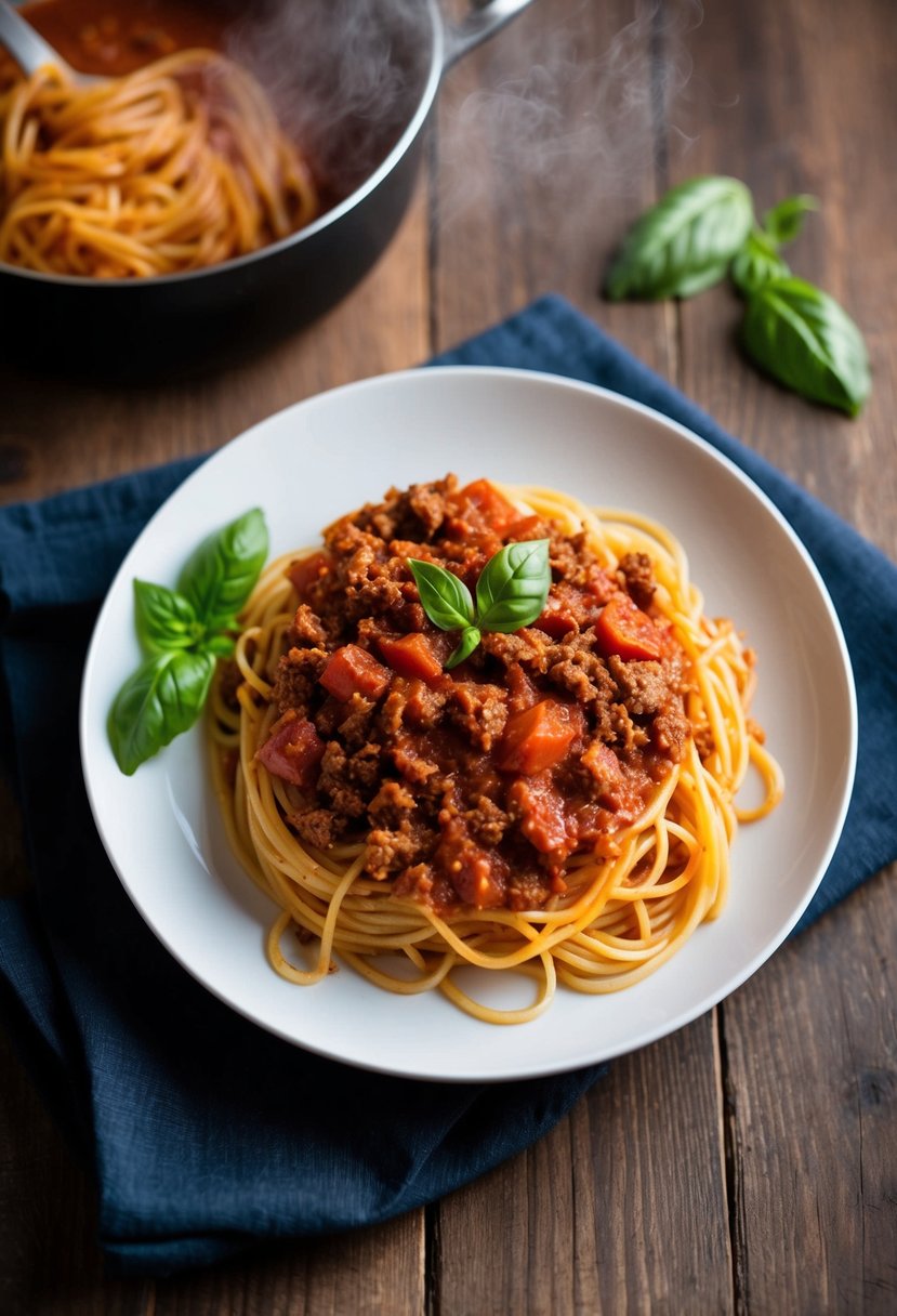 A steaming plate of spaghetti Bolognese, with rich tomato sauce and savory ground beef, garnished with fresh basil leaves