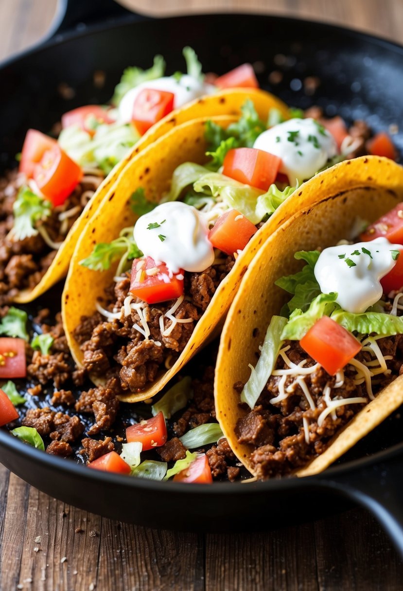 A sizzling skillet of beef tacos, with seasoned ground beef, shredded lettuce, diced tomatoes, and grated cheese, topped with a dollop of sour cream