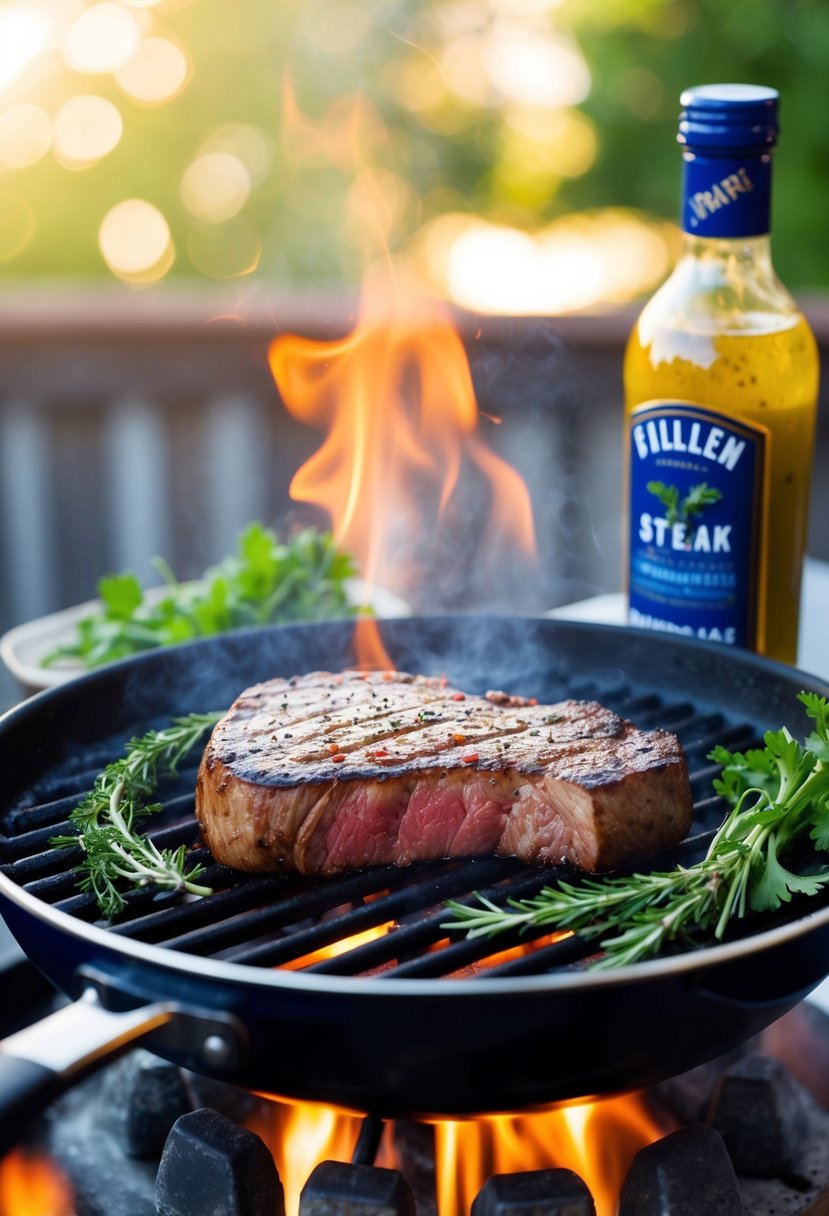 A sizzling steak on a hot grill, surrounded by fresh herbs and spices, with a bottle of marinade nearby