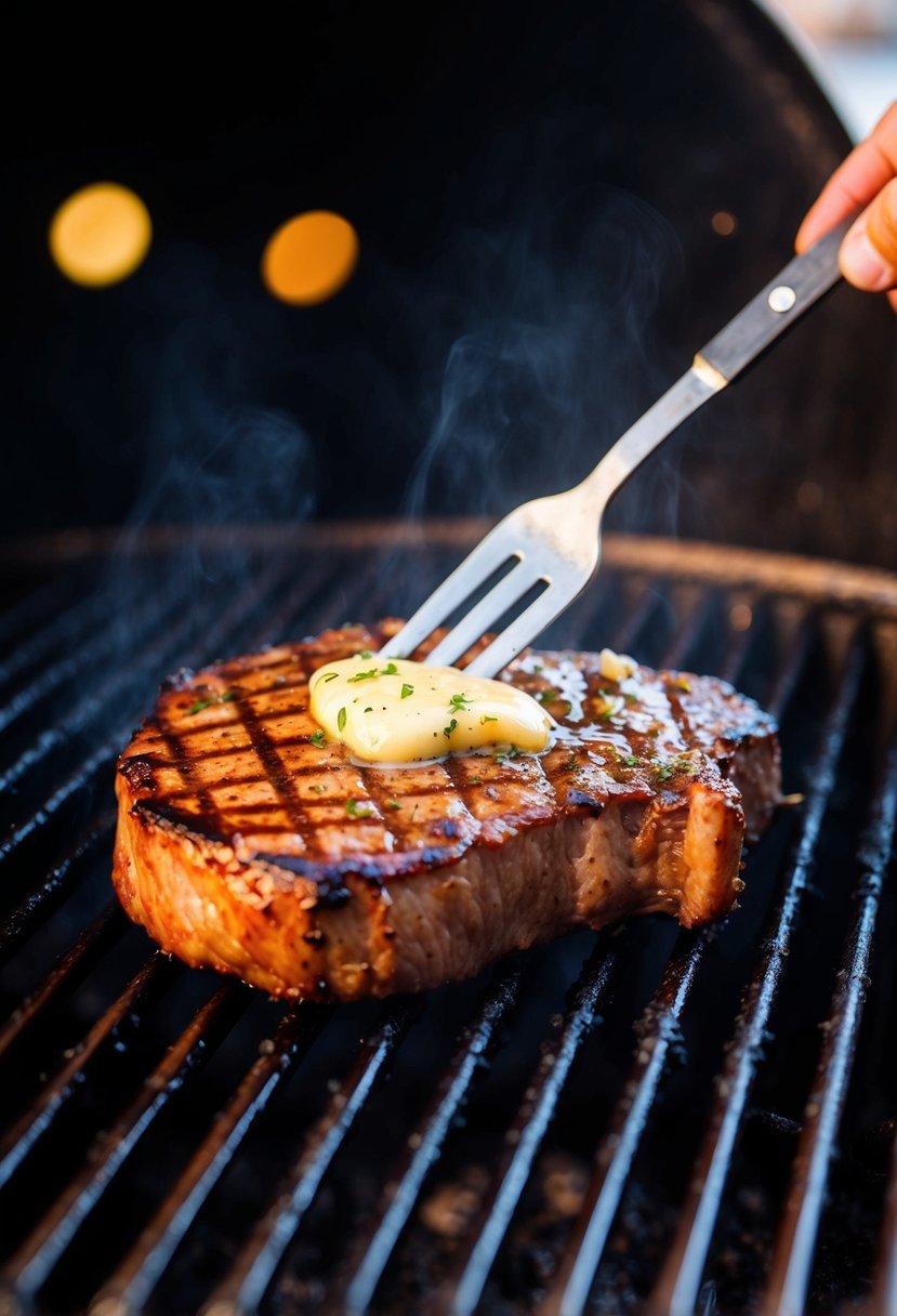 A sizzling ribeye steak sizzling on a hot grill, topped with melted garlic butter and surrounded by charred grill marks