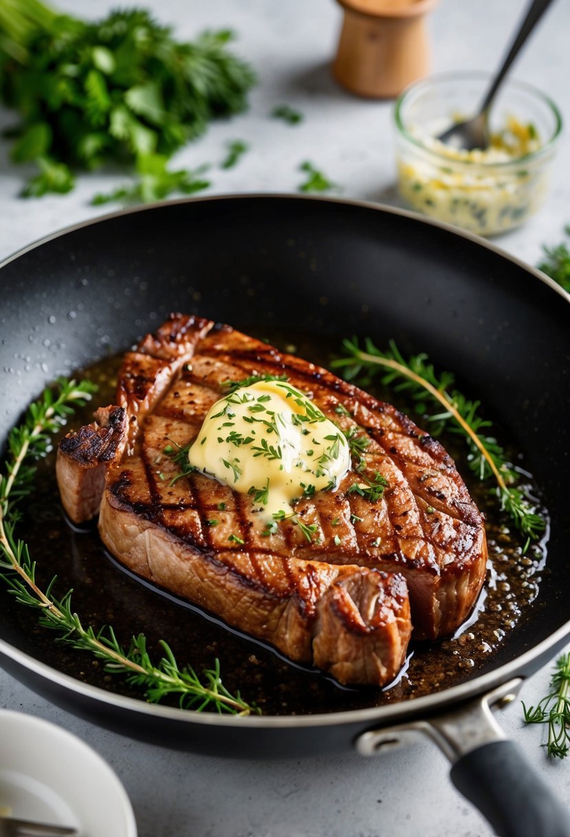 A sizzling steak in a hot pan, surrounded by fresh herbs and melting herb butter